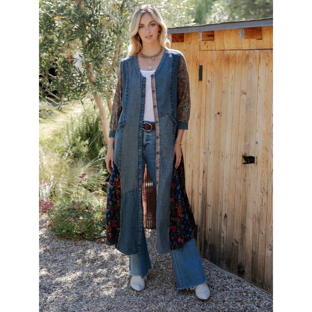 Young Threads Earthy Denim Duster Dress, Artisan Patchwork Small